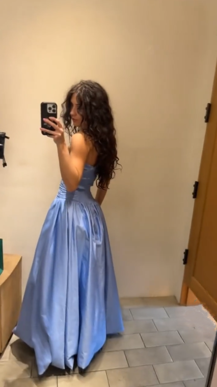 Elegant Blue Strapless Satin Pleated A Line Long Party Dress Birthday Dress SP2528