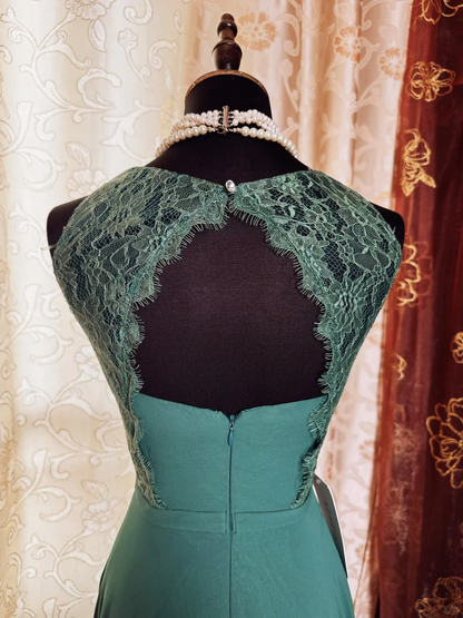 Vintage Green Sleeveless Lace Chiffon A Line Long Evening Dress Formal Wedding Guest Dress SP2385