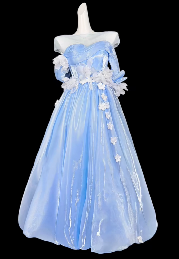 Glamorous Blue Tulle Appliques A Line Long Party Dress,Off The Shoulder Long Wedding Guest Dress SP3539