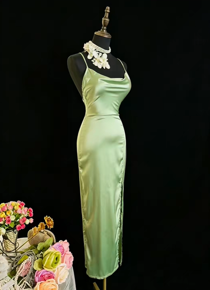 Sexy Spaghetti Straps Sheath Satin Slit Evening Dress Sage Green Backless Long Wedding Guest Dress SP2377
