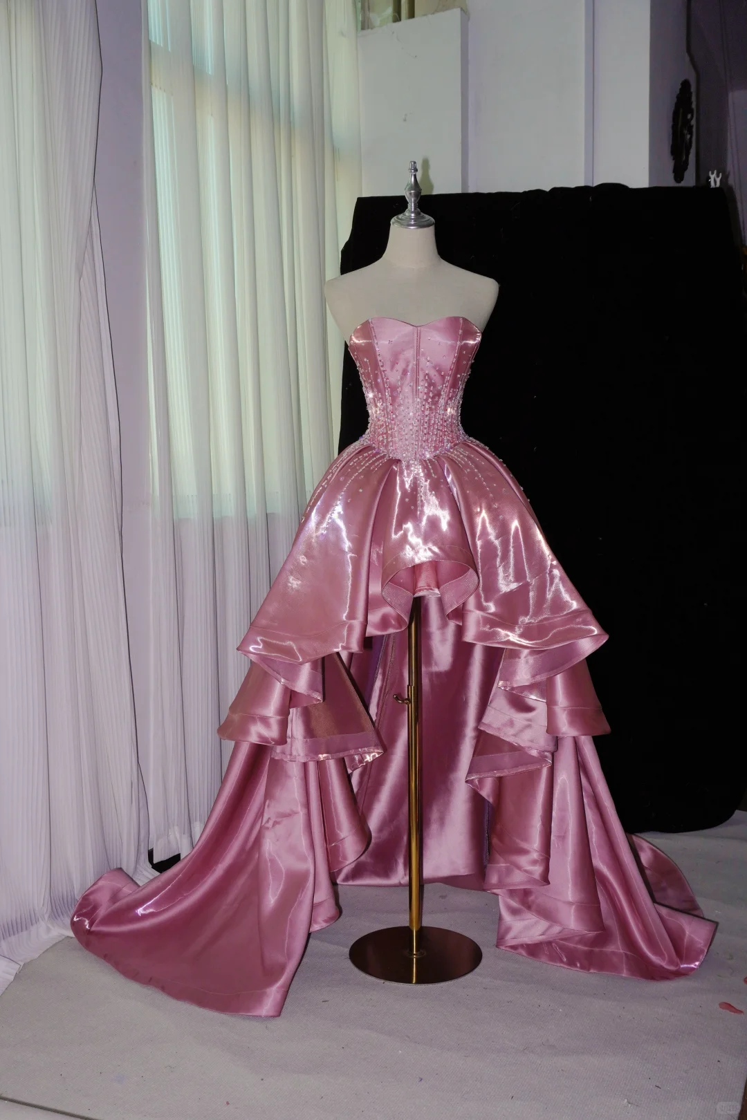 Charming Pink Satin Beaded Hi-Low Long Party Dress Birthday Dress SP2065