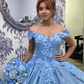 Blue Floral Applique Sweetheart Puffy Ball Gown Sweet 16 Dress Y6078