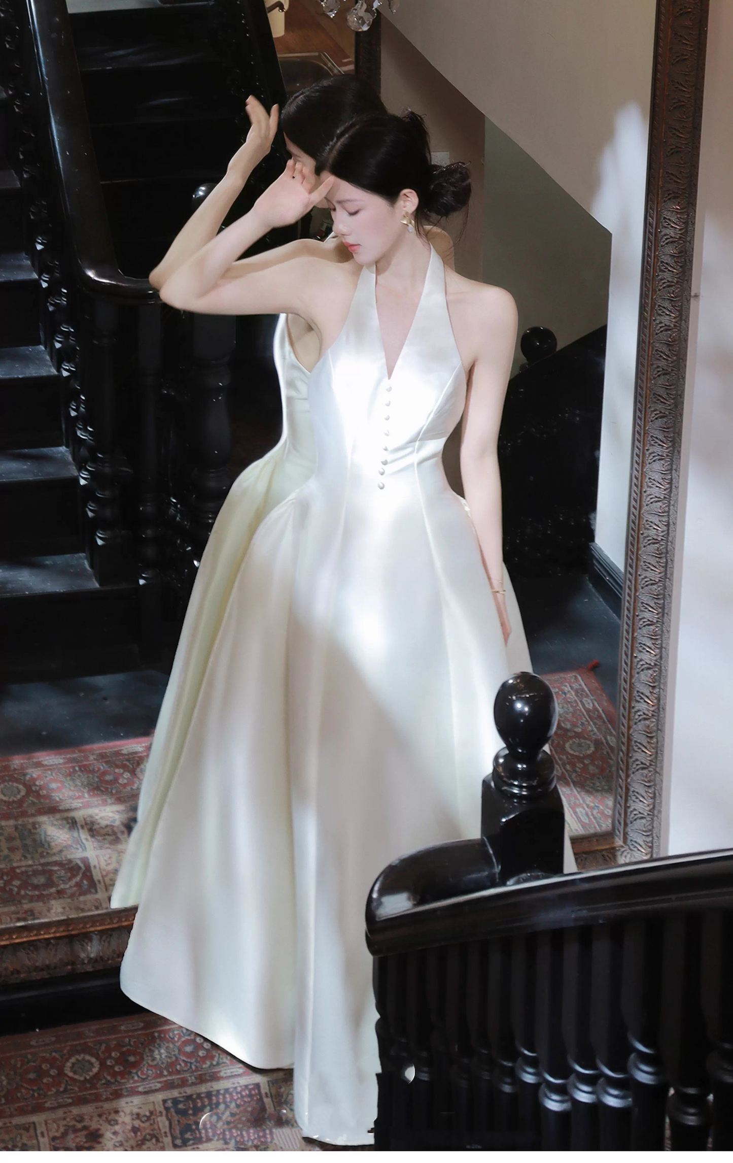 Fashion Halter V Neck Off White Satin A Line Long Wedding Guest Dress Formal Birthday Party Dress SP2013