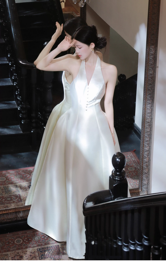 Fashion Halter V Neck Off White Satin A Line Long Wedding Guest Dress Formal Birthday Party Dress SP2013