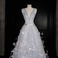 Glamorous V Neck Tulle Beaded Feathers A Line Prom Dress Evening Dress Y8682