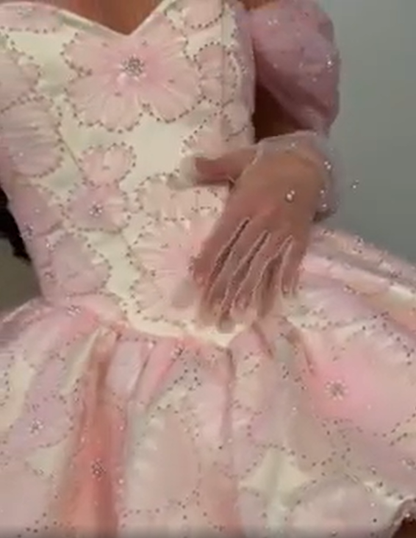 Glamorous Off The Shoulder Satin Tulle Floral Beaded A Line Mini Birthday Dress,Pink Short 6th Grade Homecoming Dress SP2932
