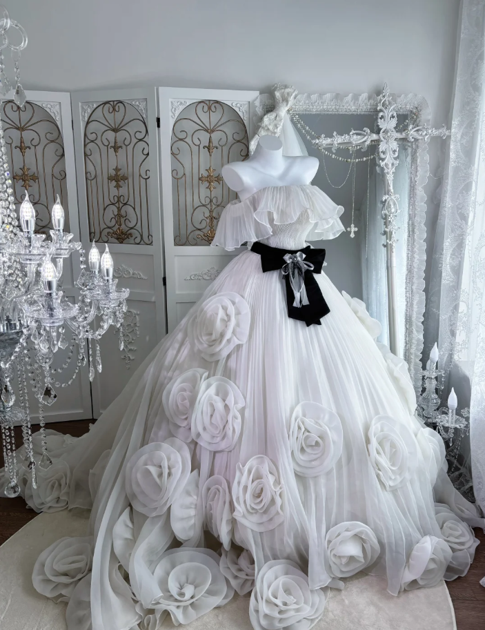 Elegant Strapless Tulle Pleated 3D Flowers Long  Birthday Quinceanera Dress Sweet 16 Dress SP1447