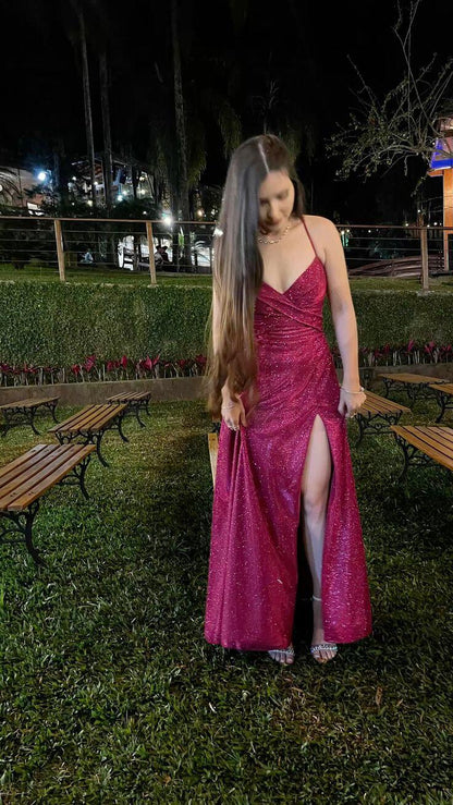 Shiny Spaghetti Straps V Neck Tulle Sequin Long Wedding Guest Dress Hot Pink Slit Long Evening Dress SP3767
