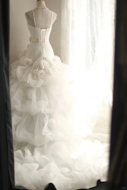 Gorgeous White Spaghetti Straps Tulle Pleated A Line Formal Long Wedding Dress Y9034
