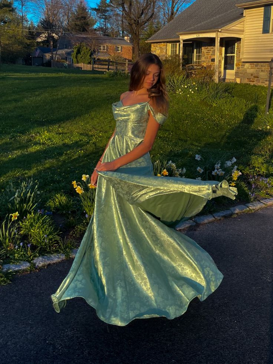 Unique Off The Shoulder Green Satin Print Floral A Line Long Evening Dress Prom Gown SP254