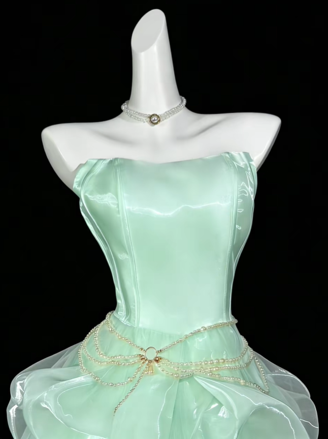 Classy Strapless Mint Green Tulle Pleated Short Homecoming Dress Cocktail Dress SP3541