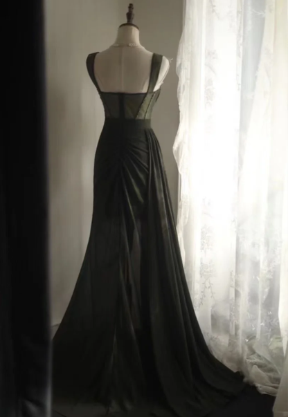 Vintage Green Satin Beaded Slit Mermaid Long Wedding Guest Dress Evening Dress SP1237