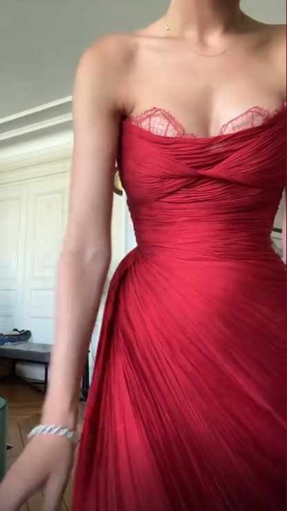 Sexy Red Strapless Lace Tulle Pleated Long Party Dress,Formal Wedding Guest Dress SP3106
