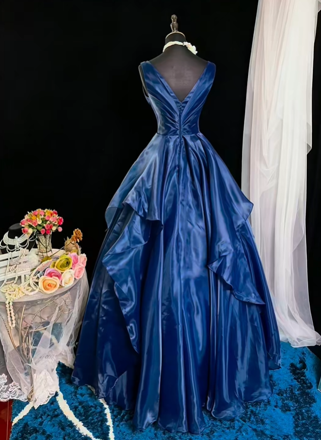 Vintage Sleeveless V Neck Ball Gown Navy Blue Tulle Appliques Evening Gown Prom Dress SP2376