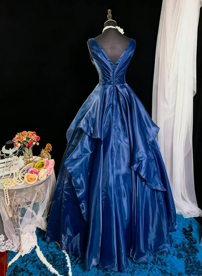 Vintage Sleeveless V Neck Ball Gown Navy Blue Tulle Appliques Evening Gown Prom Dress SP2376