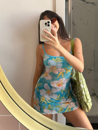 Unique Blue Spaghetti Straps Satin Print Floral Sheath Cocktail Dress Short Homecoming Dress SP185