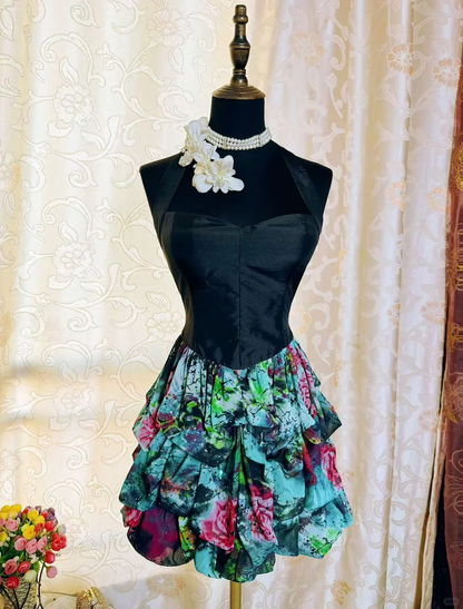 Chic Black Halter Satin Chiffon Print Floral A Line Short Graduation Homecoming Dress Cocktail Dress SP2195