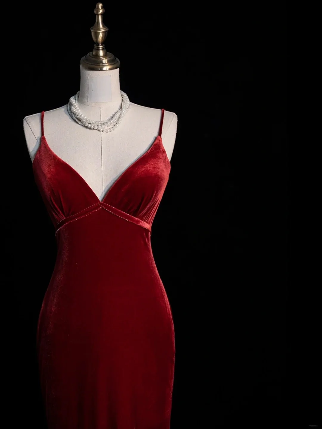 Sexy Spaghetti Strap Velvet Long Wedding Guest Dress Red Mermaid Long Party Dress SP4103