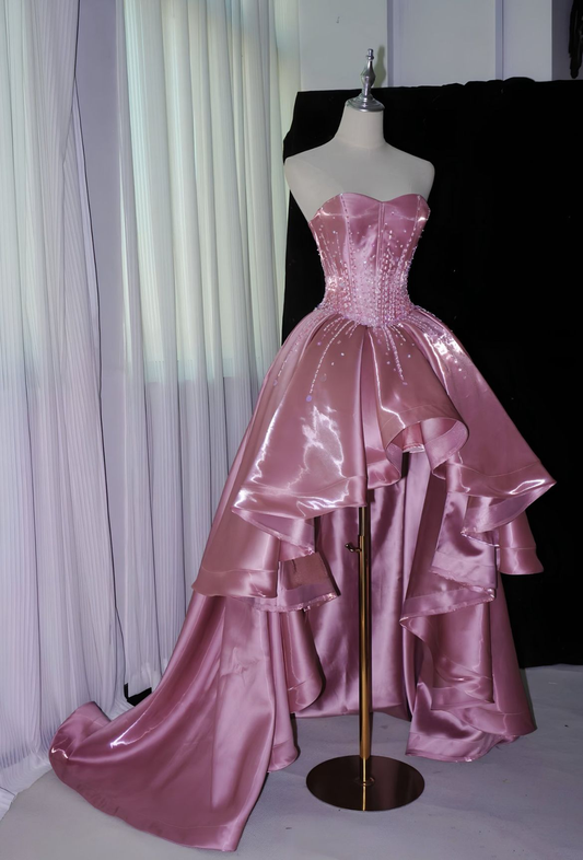 Charming Pink Strapless Satin Beaded Long Party Dress Birthday Prom Dress SP1675