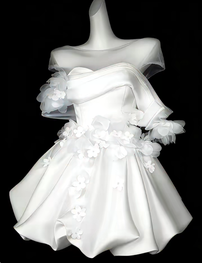 Classy White Satin Tulle Appliques A Line Short Homecoming Dress Birthday Outfits SP3546