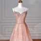 Glitter Pink Tulle Sequins Beaded Prom Dress,Spaghetti Straps A Line Evening Dress Y8619