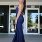 Sexy Navy Blue V Neck Satin Beaded Mermaid Long Party Dress Formal Wedding Guest Dress SP1353