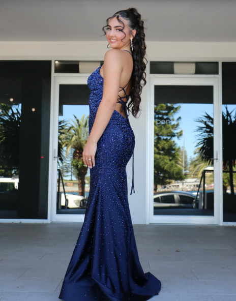 Sexy Navy Blue V Neck Satin Beaded Mermaid Long Party Dress Formal Wedding Guest Dress SP1353