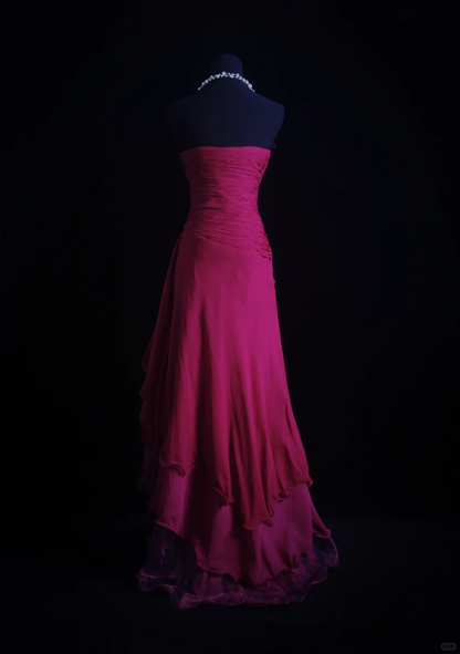 Charming Fuchsia Chiffon Appliques A Line Long Party Dress Strapless Prom Dress SP2152