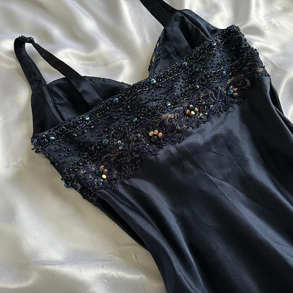 Vintage Navy Blue Satin Chiffon Beaded Graduation Homecoming Dress Mini Cocktail Dress Y9737