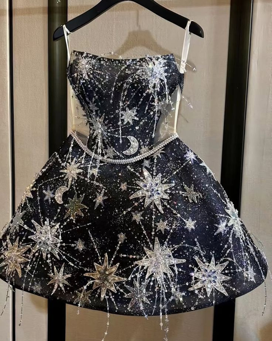 Charming Navy Blue Beaded A Line Homecoming Dress Cocktail Dress Y8846