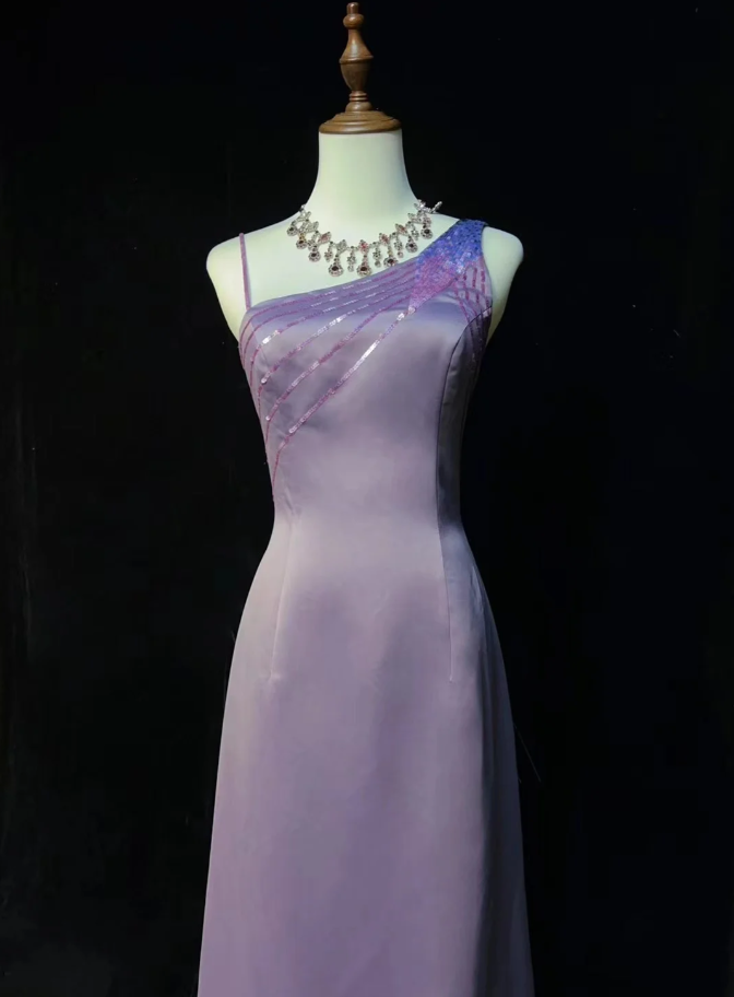 Classy Purple Satin Sequin A Line Long Wedding Guest Dress Formal Birthday Party Dress SP1854