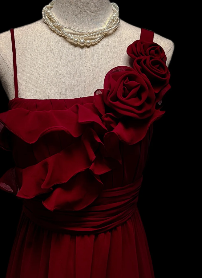 Retro Burgundy Chiffon Mermaid Party Dress Long prom Dress With Rose Flowers SP510