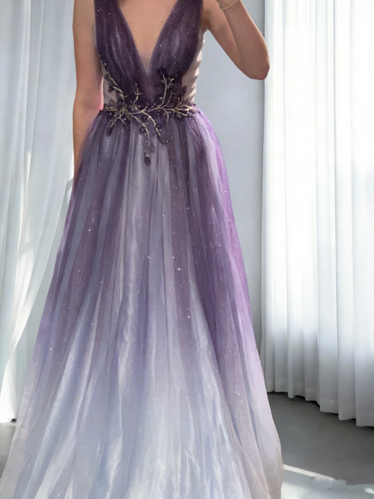 Glamorous V Neck Ombre Purple Tulle Sequin Beaded Long Evening Dress Birthday Party Gown SP1705