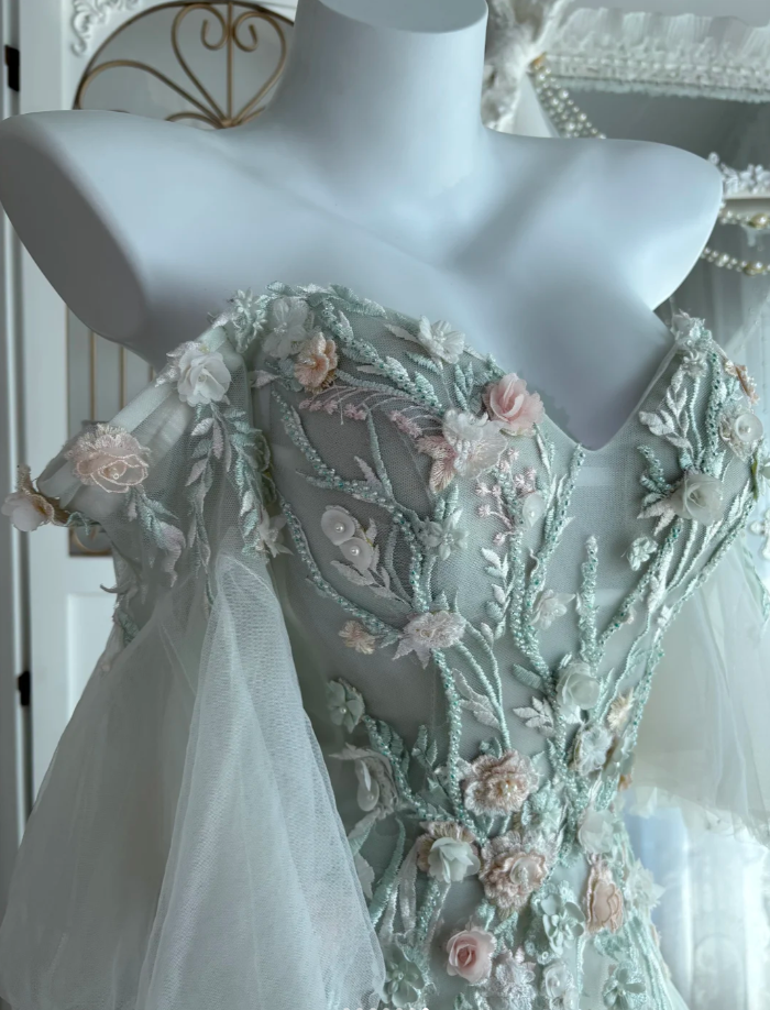 Elegant Off The Shoulder Tulle Appliques Beaded Mermaid Party Dress, Light Green Long Wedding Guest Dress SP1455