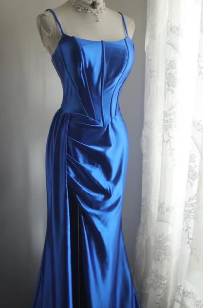 Classy Blue Spaghetti Straps Satin Pleated Mermaid Long Party Dress Birthday Prom Dresses SP1201