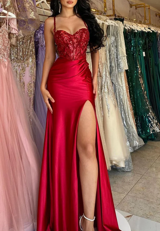 Glamour Sweetheart Satin Appliques High Slit Prom Dress Red Mermaid Party Dress SP4193