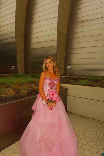 Glamorous Sweetheart Neck Tulle Sequin 3D Floral Long Party Dress,Pink Long Birthday Prom Dress SP3372