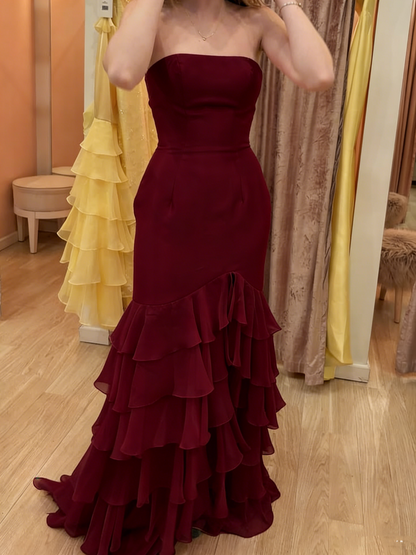 Classy Pink Strapless Satin Chiffon Layered Slit Long Party Dress 19th Birthday Outfits SP2049