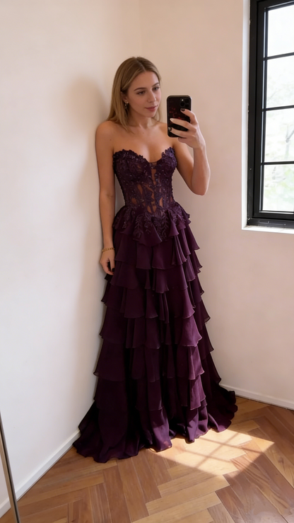 Gorgeous Strapless Navy Blue Chiffon Layered Long Party Dress Birthday Prom Dress With Appliques SP1673