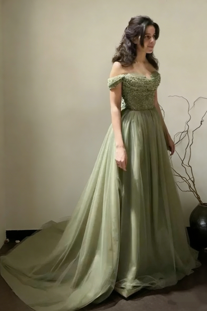 Pretty Sage Green Off The Shoulder Tulle Sequin Beaded Long Birthday Prom Dress Party Gown SP1684