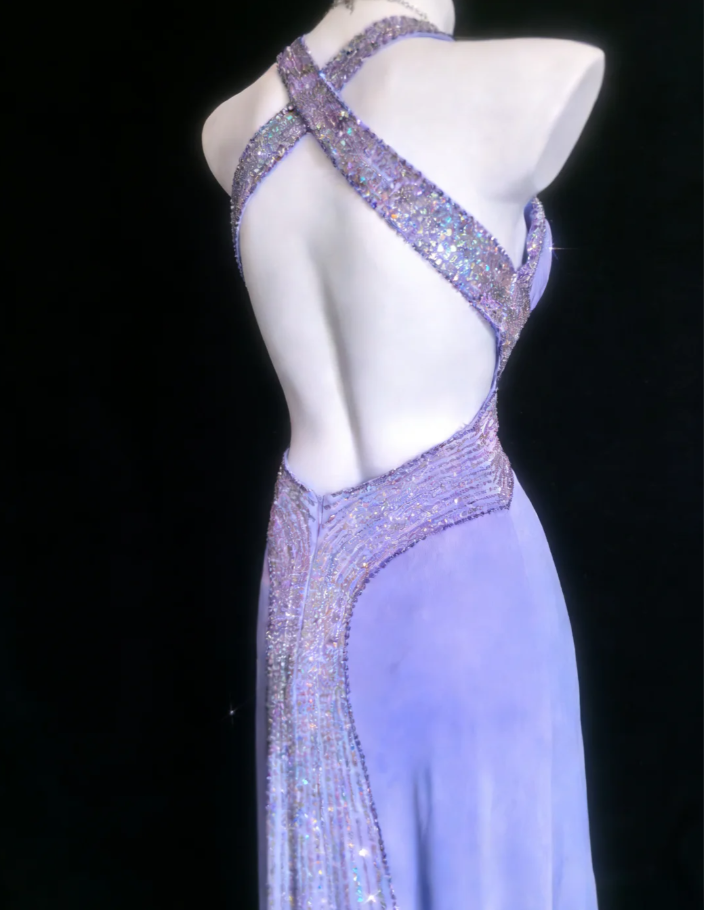 Classy Purple Halter Satin Sequin Beaded Mermaid Evening Dress Backless Long Party Gown SP1597