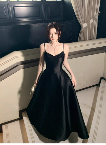 Sexy Black Spaghetti Straps Satin A Line Long Wedding Guest Dress Formal Birthday Prom Dress Party Dress SP1492