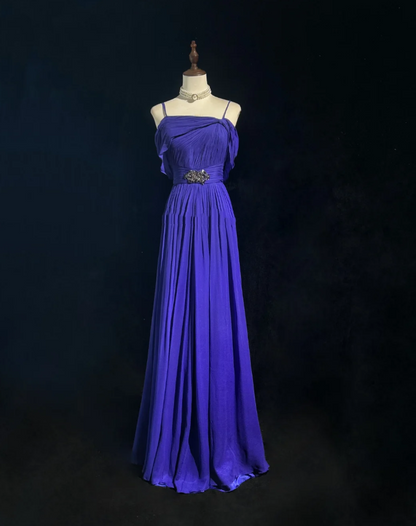 Classy Purple Spaghetti Straps Chiffon Pleated Beaded Long Party Dress Formal Wedding Guest Dress SP1865