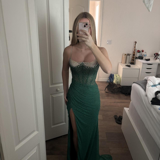Classy Green Straps Chiffon Beaded Slit Mermaid Wedding Guest Dress Long Evening Dress SP466
