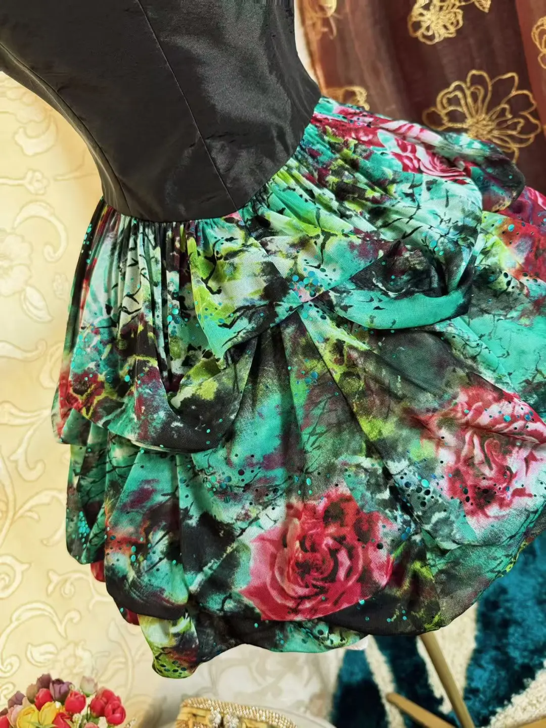 Chic Black Halter Satin Chiffon Print Floral A Line Short Graduation Homecoming Dress Cocktail Dress SP2195