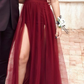 Sexy Burgundy V Neck A-line Tulle Prom Dress,Senior Prom Gown Y7071