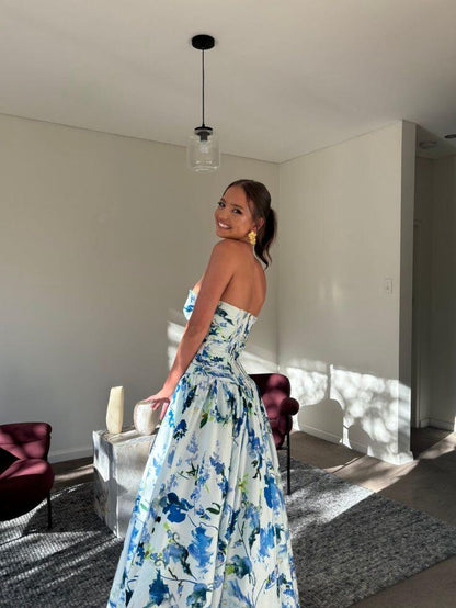 Pretty Strapless Blue Satin Print Floral Pleated Long Party Dress Prom Dress SP4018