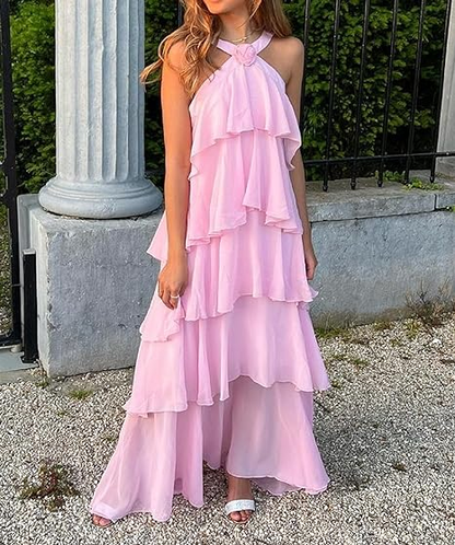 Women's Pink A-line Tiered Prom Dress,Pink Backless Evening Dress Y4532