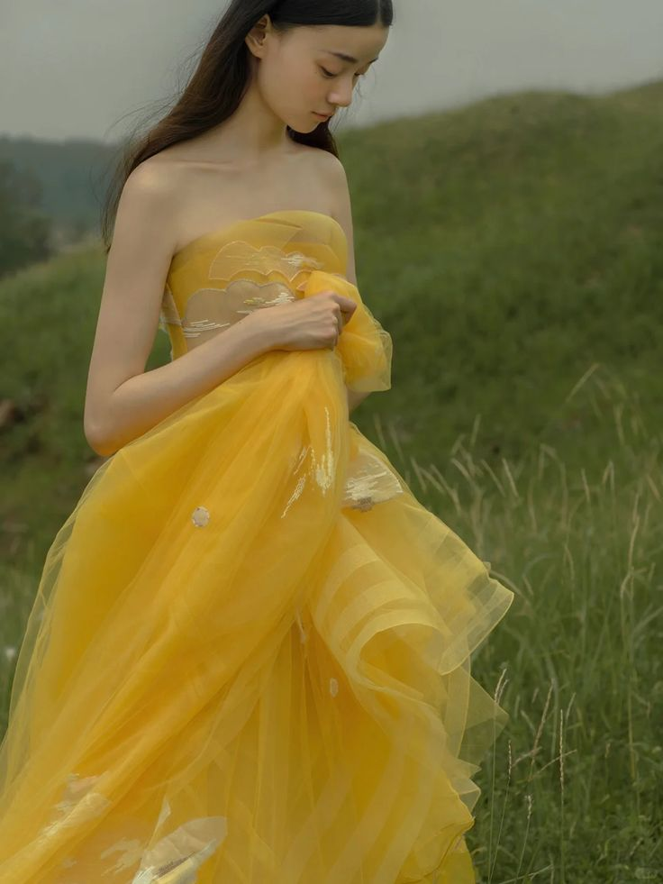 Classy Yellow Strapless Tulle Long Wedding Guest Evening Dress  SP1191