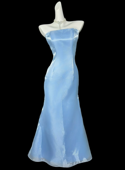 Simple Blue Strapless Satin Tulle Mermaid Party Dress Long Birthday Prom Dresses SP3530